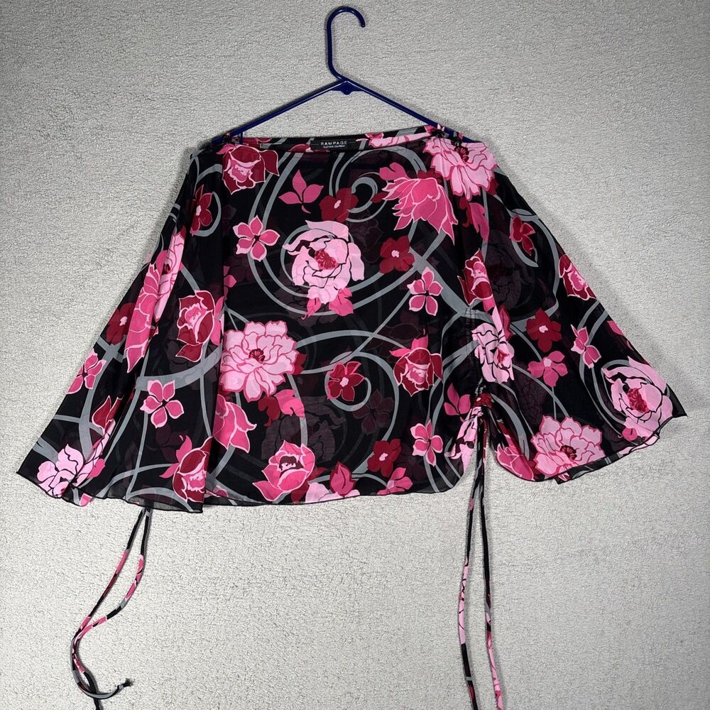 Rampage Blouse Women's Size M Sheer Pink Red Rose AOP Tie Flutter‎ Sleeve Kaftan
